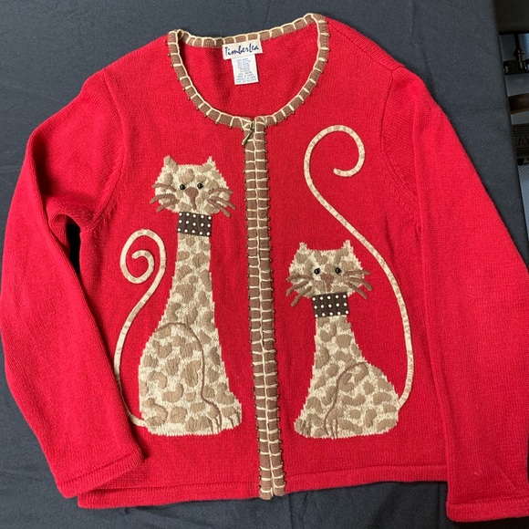 Timberlea Women’s Cardigan Size M Cat Zippered Embroidered Red - Picture 1 of 5